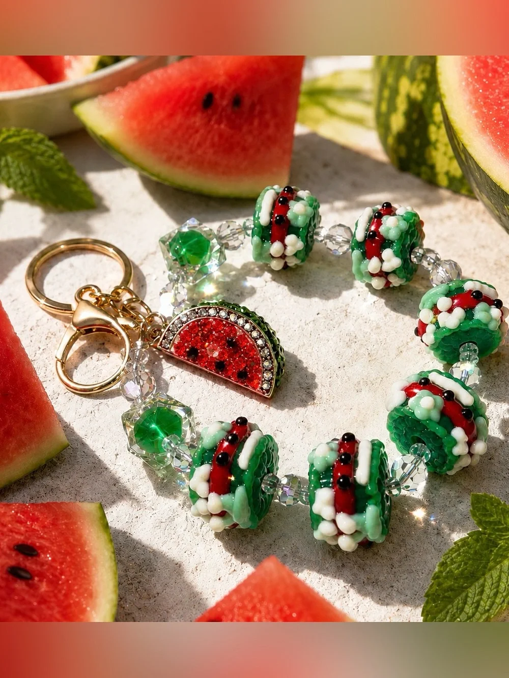 Watermelon Sugar Custom Beaded Wristlet Keychain + Sparkling Watermelon Charm